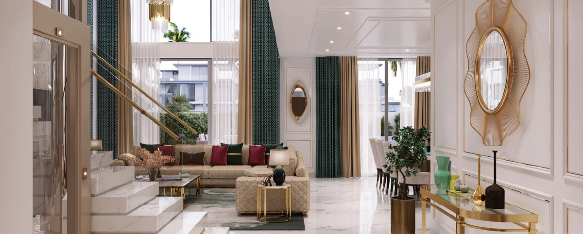 Double-height living room interior at Azizi Florence, Sharjah, featuring floor-to-ceiling windows, a marble staircase, elegant furnishings and gold decorative details.