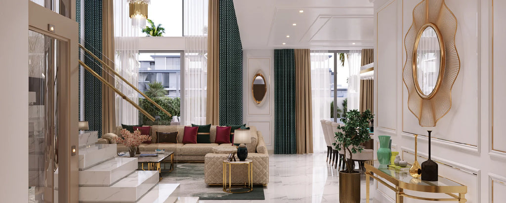 Interior rendering showing an open living and dining area with tall windows