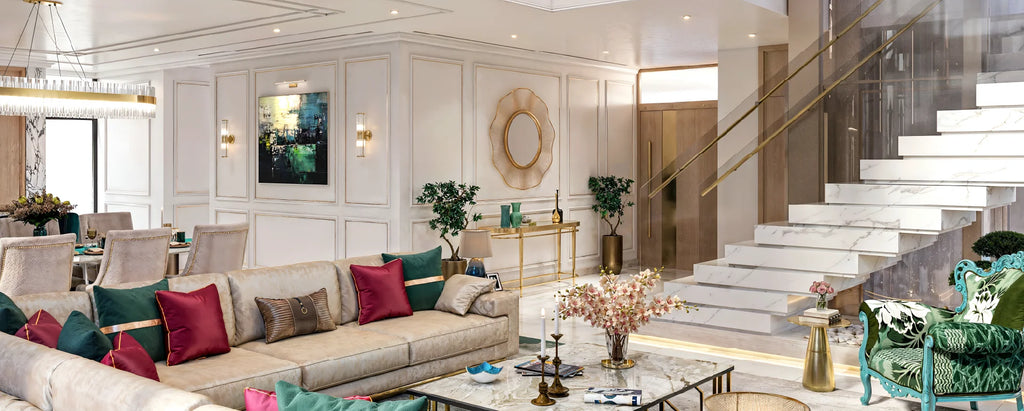 Interior rendering showing a furnished living room beside a marble staircase