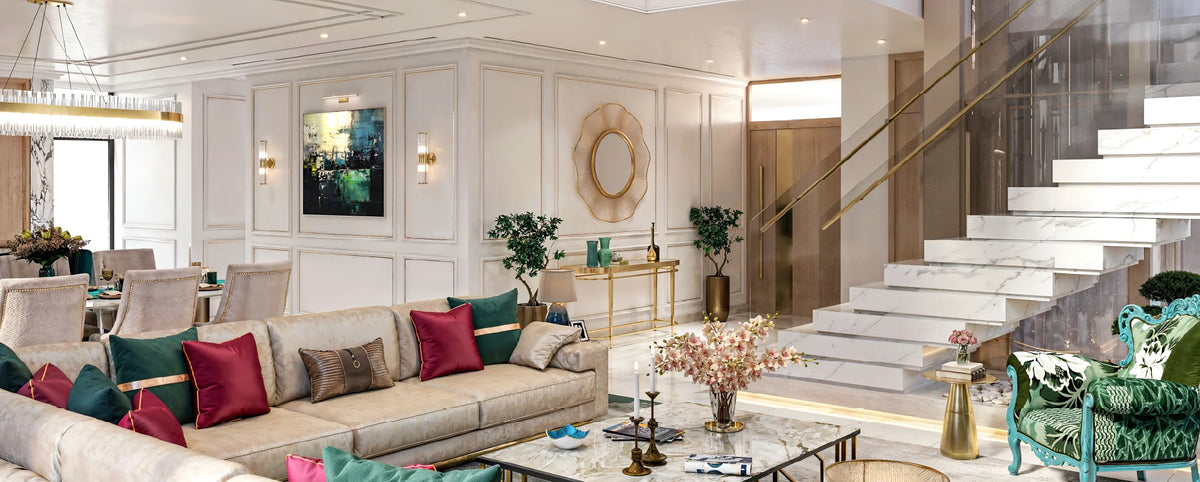 Interior rendering showing a furnished living room beside a marble staircase