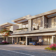 Architectural rendering of a contemporary Azizi Florence corner townhouse in Sharjah, featuring expansive glass windows, covered parking and landscaped flower beds.