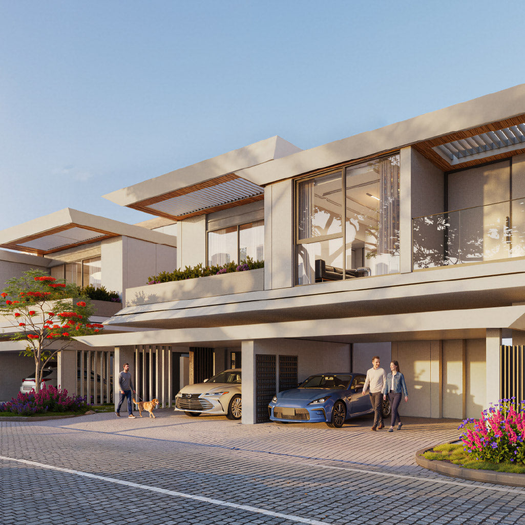 Architectural rendering of a contemporary Azizi Florence corner townhouse in Sharjah, featuring expansive glass windows, covered parking and landscaped flower beds.