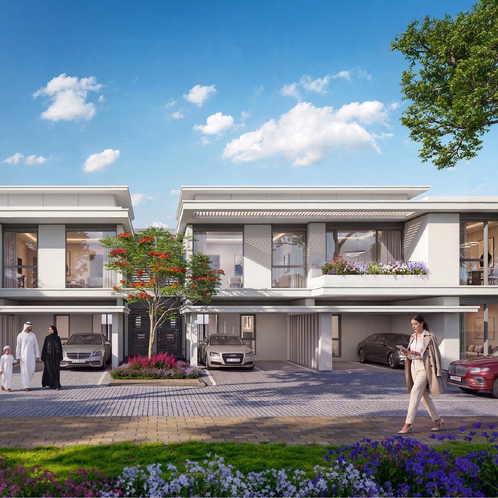 Architectural rendering of modern Azizi Florence townhouses in Um Fanain, Sharjah, featuring covered parking, contemporary facades and landscaped gardens.