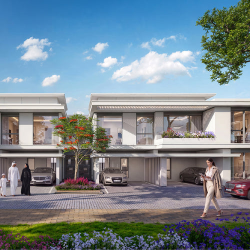 Architectural rendering of modern Azizi Florence townhouses in Um Fanain, Sharjah, featuring covered parking, contemporary facades and landscaped gardens.