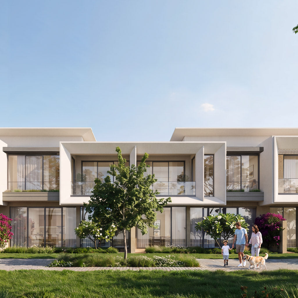 Architectural rendering of Azizi Florence townhouses overlooking landscaped green spaces and pedestrian pathways in Um Fanain, Sharjah.