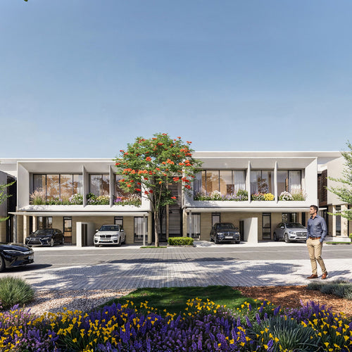 Street-facing architectural rendering of Azizi Florence townhouses in Sharjah, showcasing modern facades, private covered parking and colourful landscaped gardens.