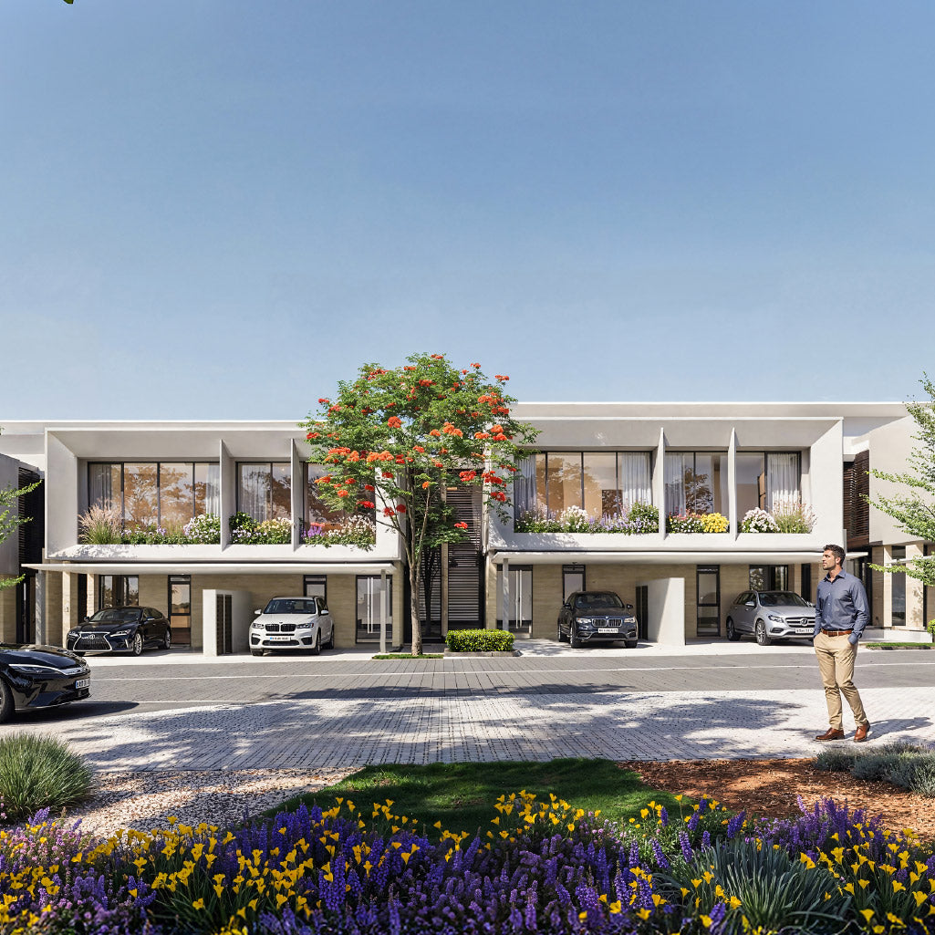 Street view rendering of Azizi Florence townhouses with landscaped surroundings