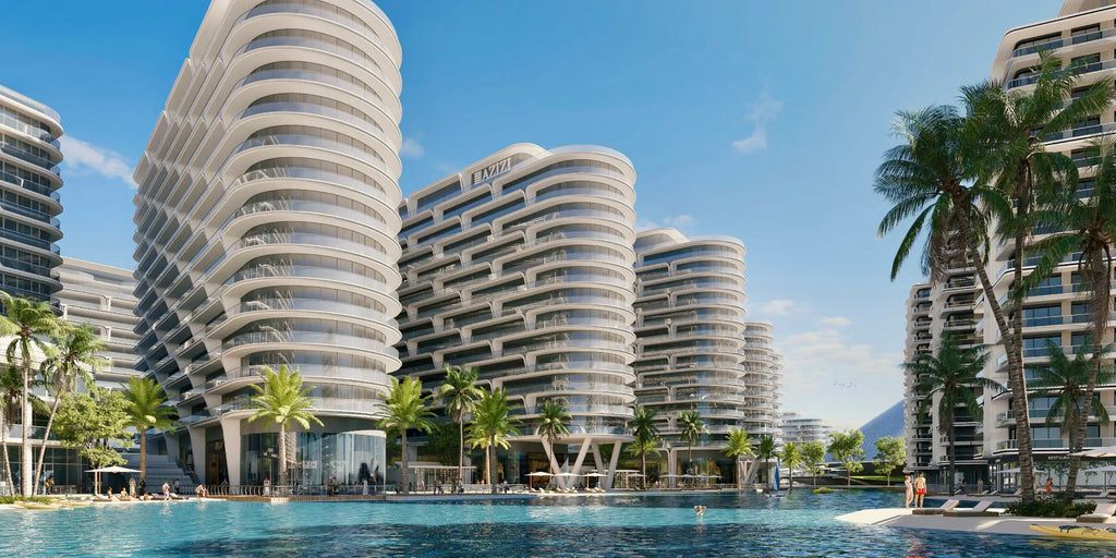 Artist’s impression of curved residential buildings beside the water
