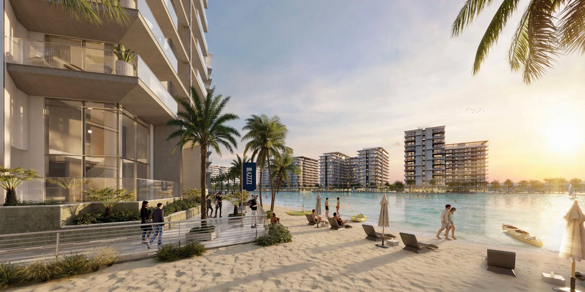 Artist’s impression of the lagoon beach and residences at Azizi Venice