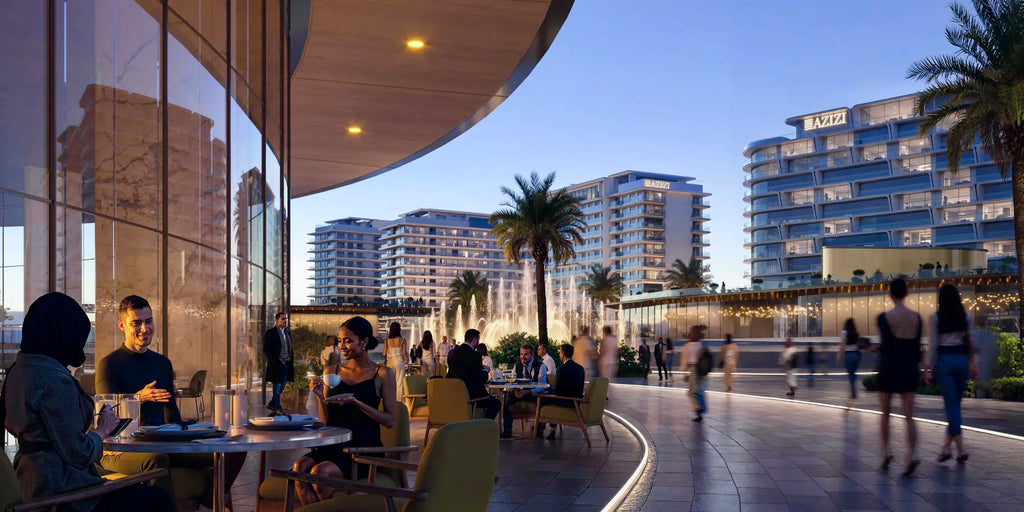 Artist’s impression of outdoor dining and public spaces at Azizi Venice